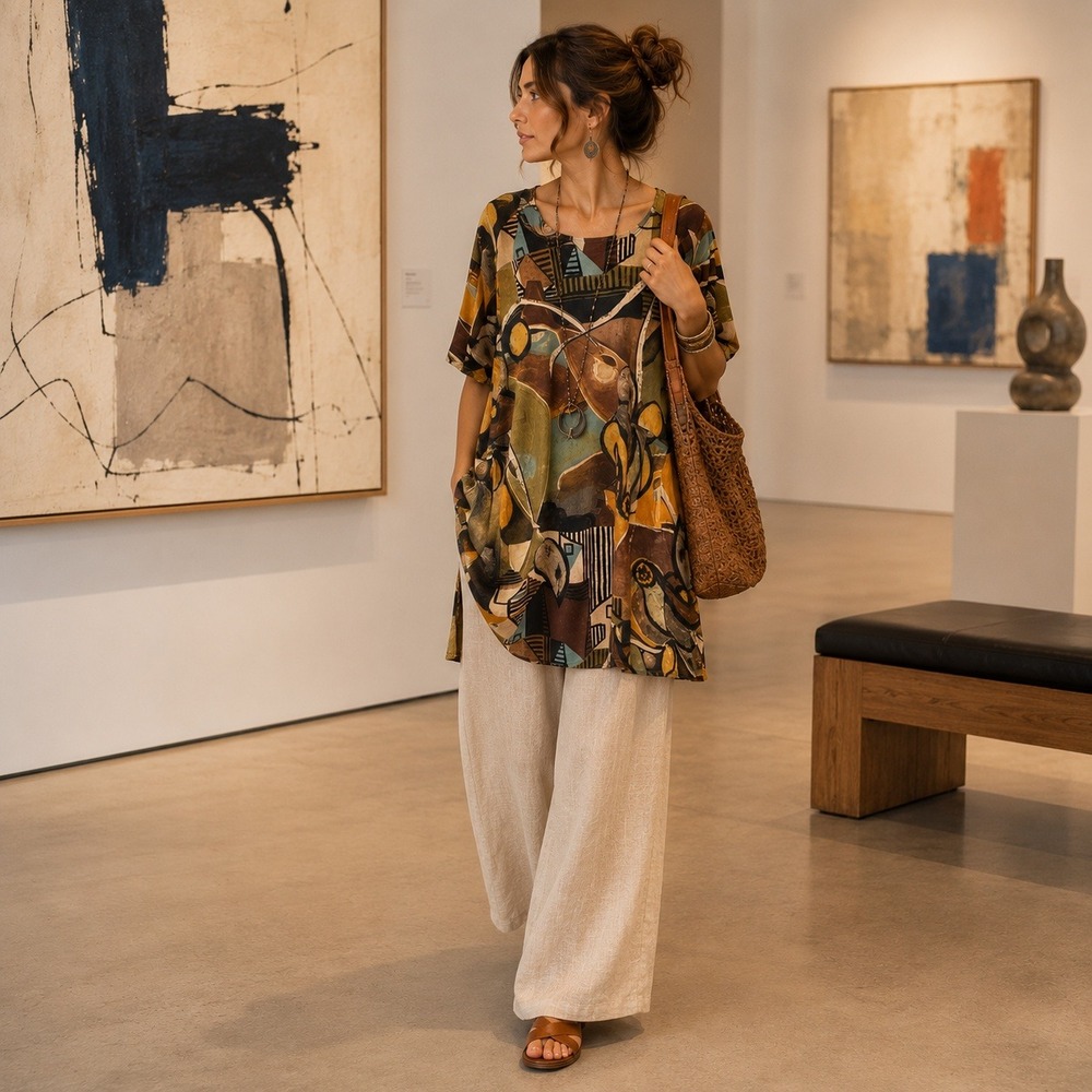 3potato Abstract Print Shift Dress Oversized XS/S Earthy Art to Wear Pockets NWT
